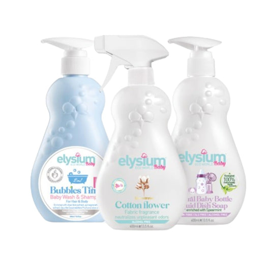 ELYSIUM ECO WORLD Triplette Baby Organic Shampoo and Body Wash, Baby Fabric Spray Freshener and Room Spray and Premium Baby Bottle Cleaner Soap. 13.5 Fl Oz Each